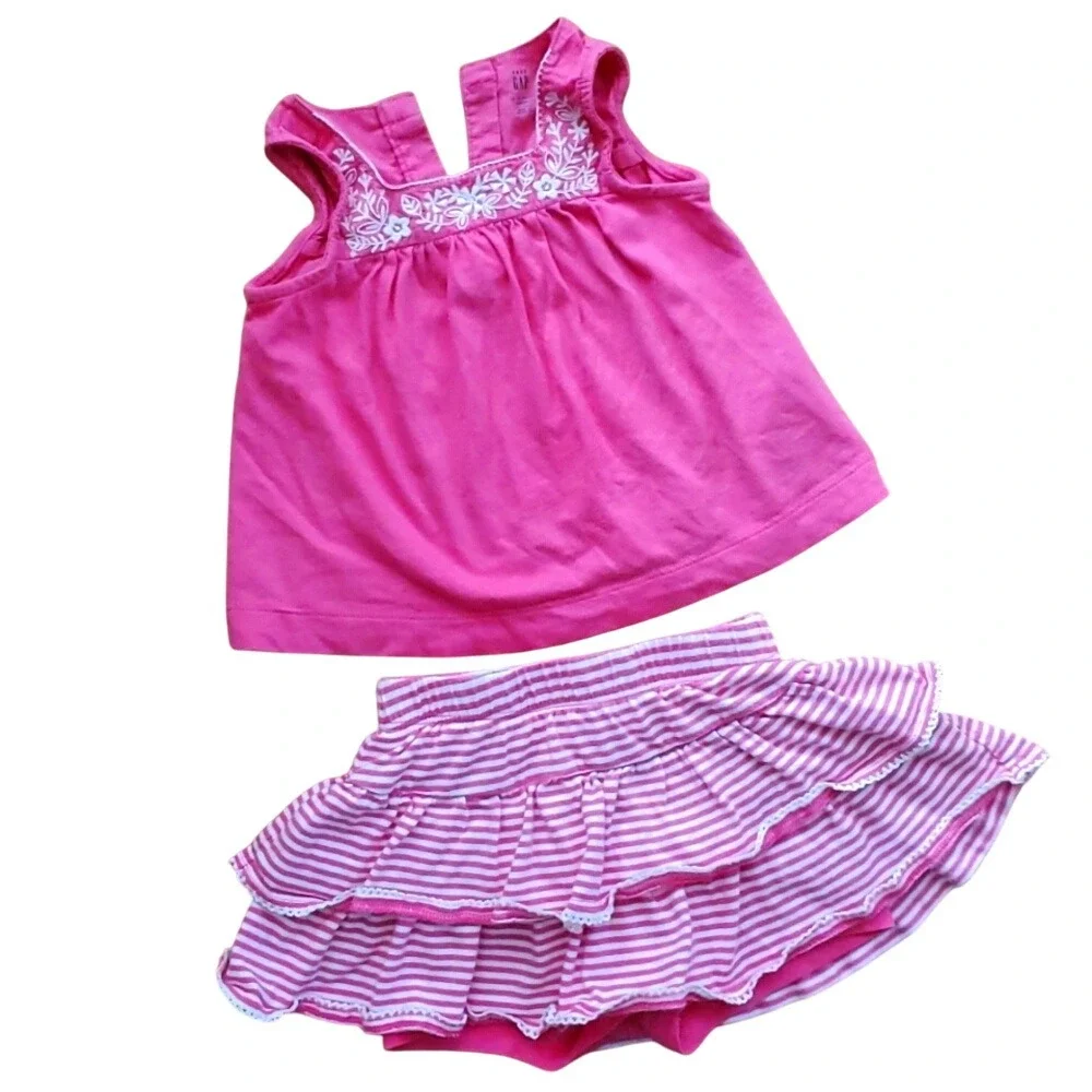 GAP/GYMBOREE Girls Pink Embroidered Top with Striped Skirt‎ Outfit